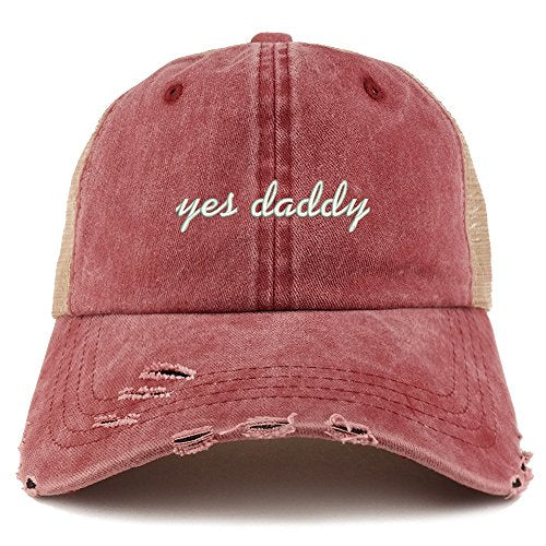 Trendy Apparel Shop Yes Daddy Embroidered Frayed Bill Trucker Mesh Back Cap