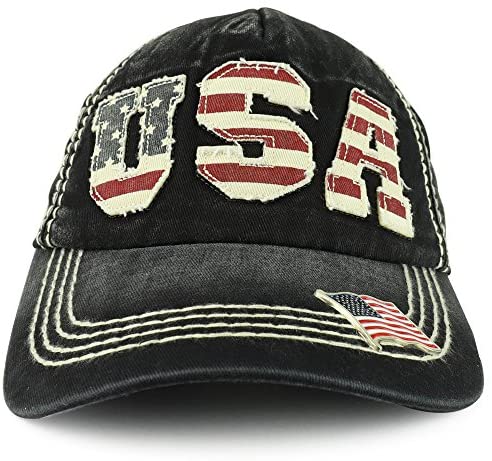 Trendy Apparel Shop Vintage Frayed USA Patch 5-Panel Washed Cap with Metallic USA Flag Pin - Black