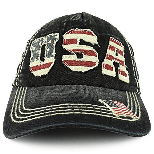 Trendy Apparel Shop Vintage Frayed USA Patch 5-Panel Washed Cap with Metallic USA Flag Pin - Black