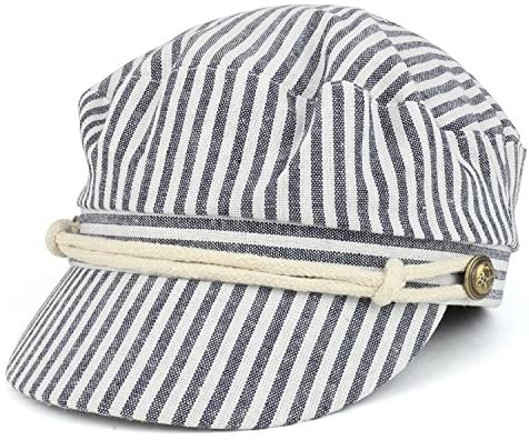 Trendy Apparel Shop Women's Greek Sailor Pinstriped Cotton Baker Boy Hat - Navy