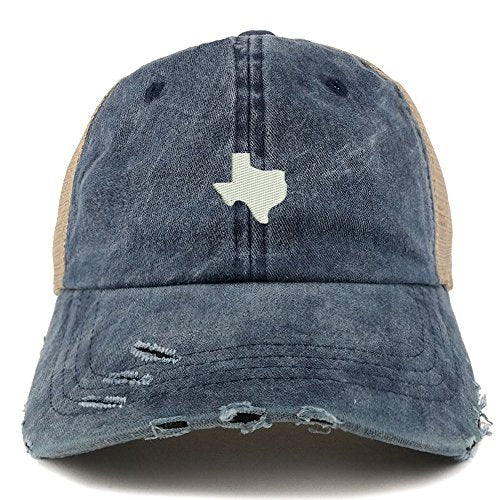 Trendy Apparel Shop Texas State Map Embroidered Frayed Bill Trucker Mesh Back Cap