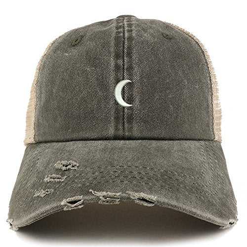 Trendy Apparel Shop Crescent Moon Embroidered Frayed Bill Trucker Mesh Back Cap