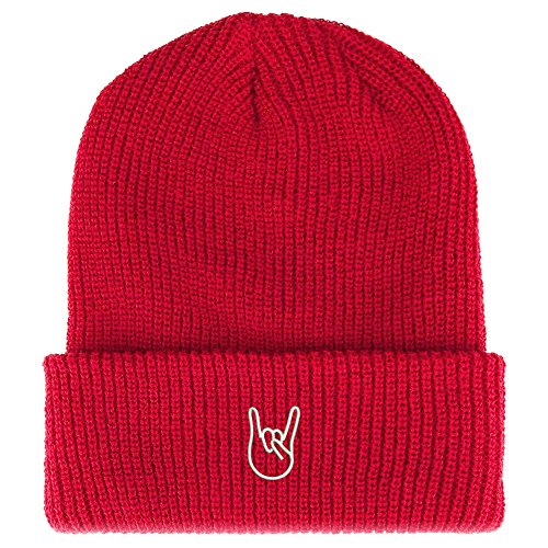 Trendy Apparel Shop 'Rock On' Embroidered Ribbed Beanie - Black Knit Cuffed Hat (One Size)