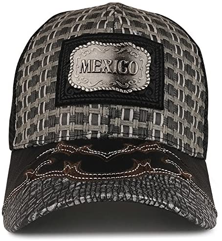Trendy Apparel Shop Straw Design Metallic Mexico Logo Badge Trucker Mesh Baseball Cap