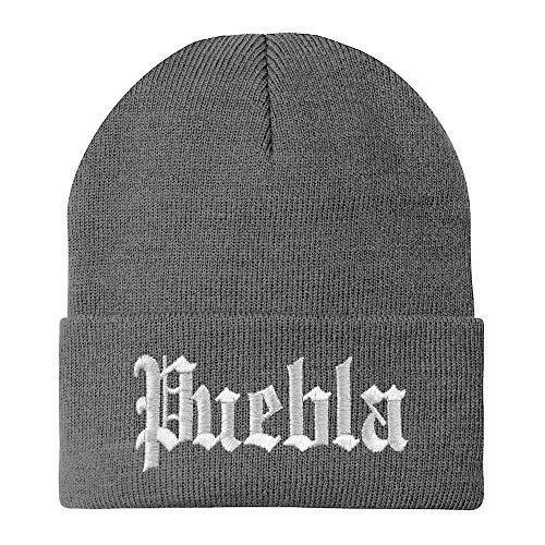 Trendy Apparel Shop Old English Puebla White Embroidered Acrylic Knit Beanie Cap