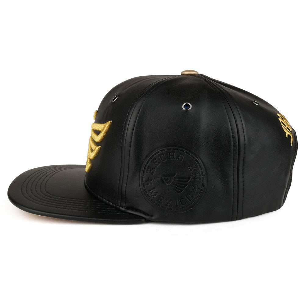 Trendy Apparel Shop Hecho EN Mexico Eagle 3D Embroidered PU Leather Flat Bill Snapback Cap - Black Gold