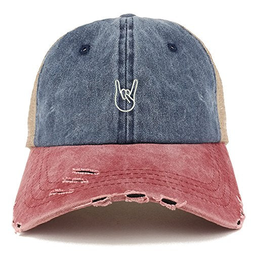 Trendy Apparel Shop Rock On Embroidered Frayed Bill Trucker Mesh Back Cap