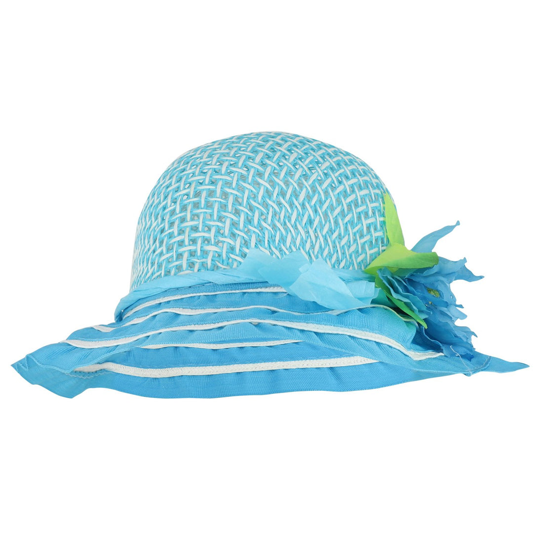 Trendy Apparel Shop Girl's Silk Flower Tea Party Straw Sun Hat - Blue