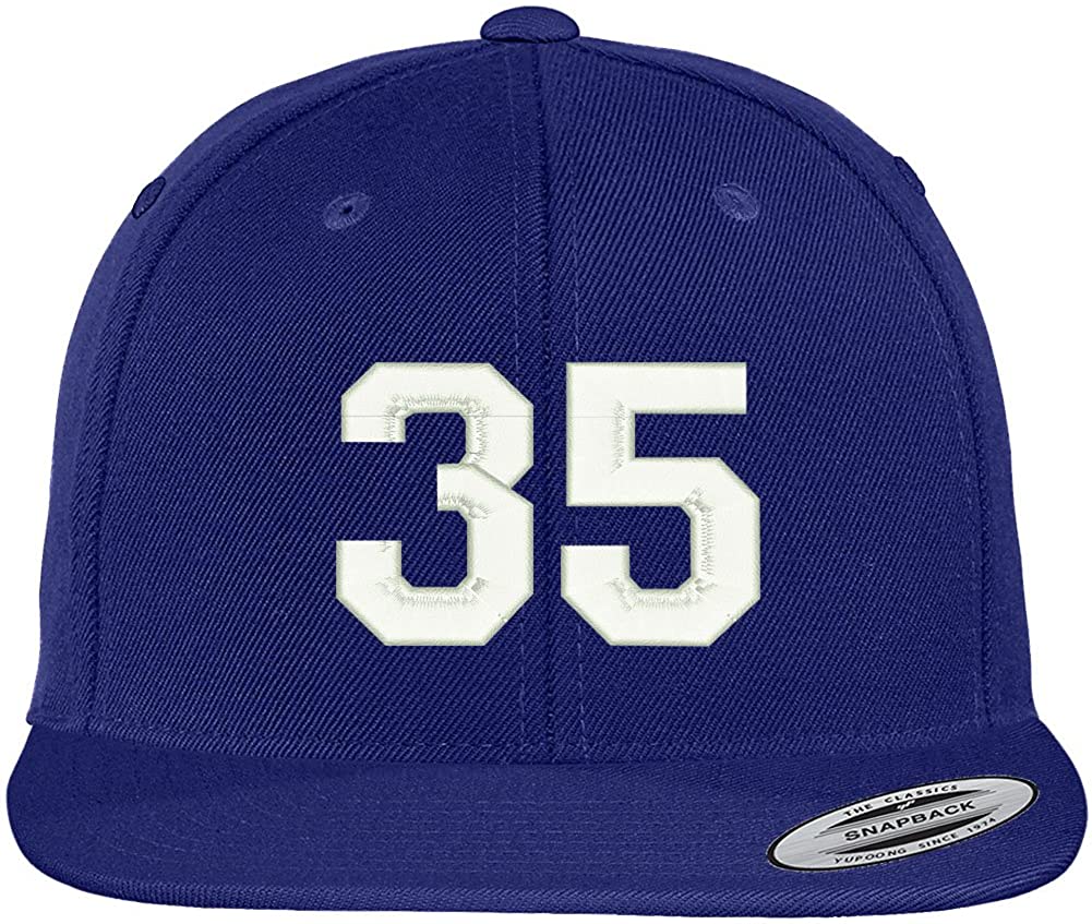 Trendy Apparel Shop Number 35 Collegiate Varsity Font Embroidered Flat Bill Snapback Cap
