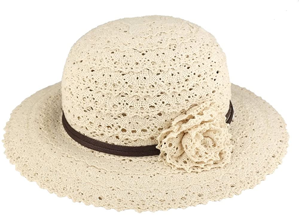 Trendy Apparel Shop Girl's Corcheted Flower Band Large Brim Summer Hat - Natural - LXL