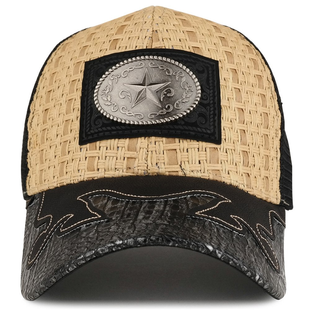 Trendy Apparel Shop Straw Design Metallic Texas Lone Star Logo Trucker Mesh Baseball Cap