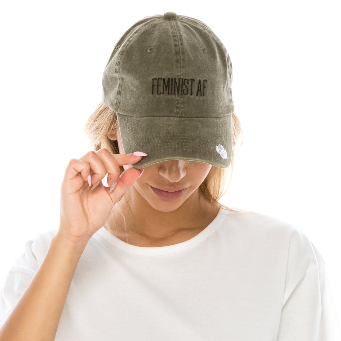 Trendy Apparel Shop Feminist AF Text Embroidered Washed Cotton Unstructured Baseball Cap - Olive