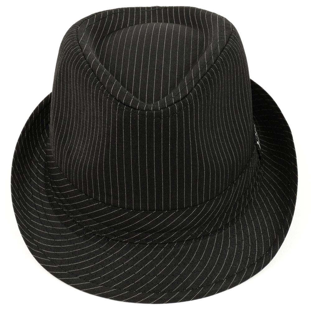 Trendy Apparel Shop Thin Pinstriped Fedora Hat With V Embroidered Hat Band - Black - LXL