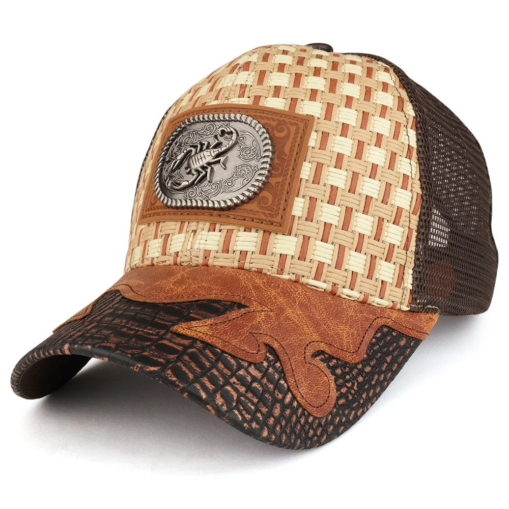 Trendy Apparel Shop Straw Design Metallic Scorpion Logo Trucker Mesh Adjustable Baseball Cap