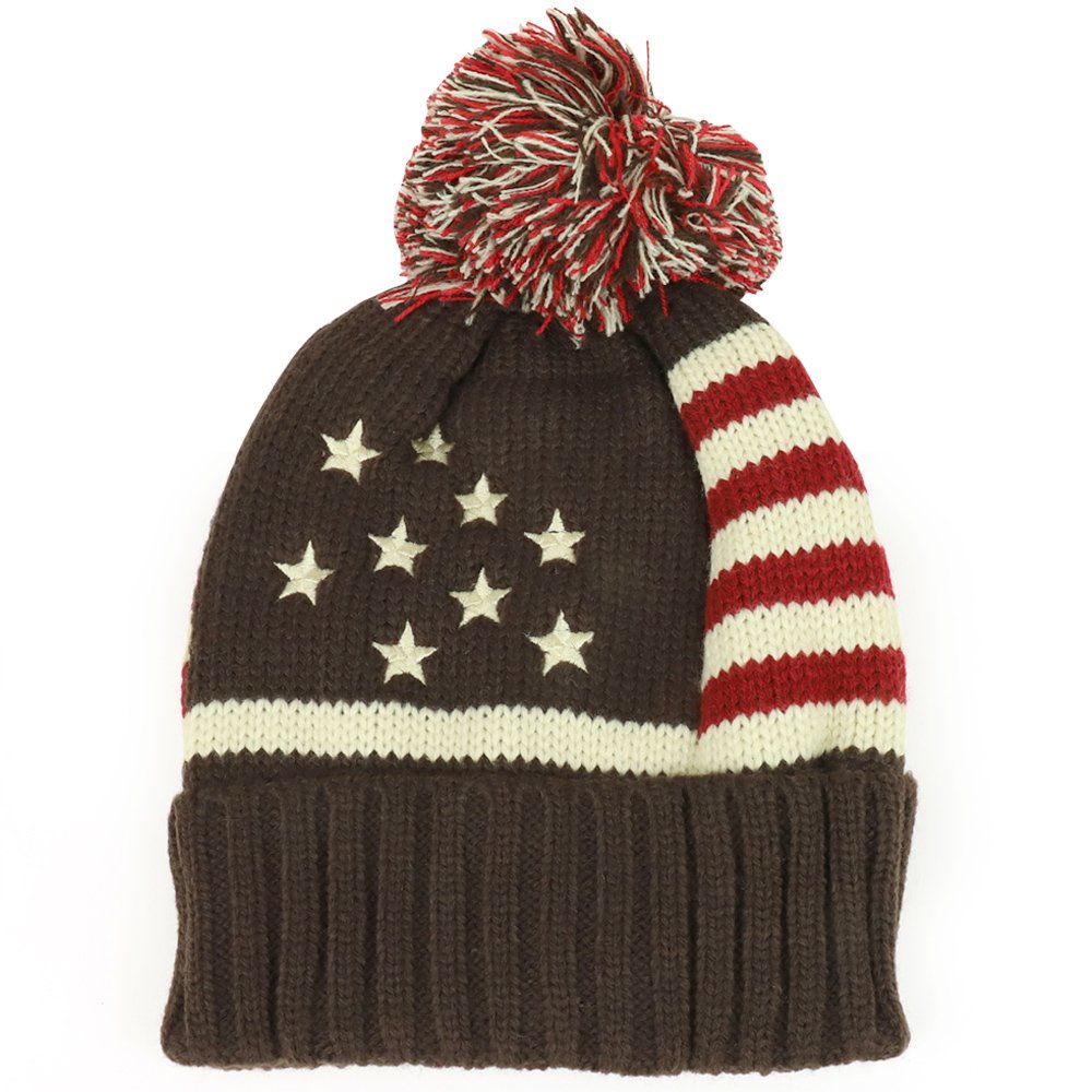 Trendy Apparel Shop USA Flag Star Embroidered Winter Knit Pom Pom Beanie