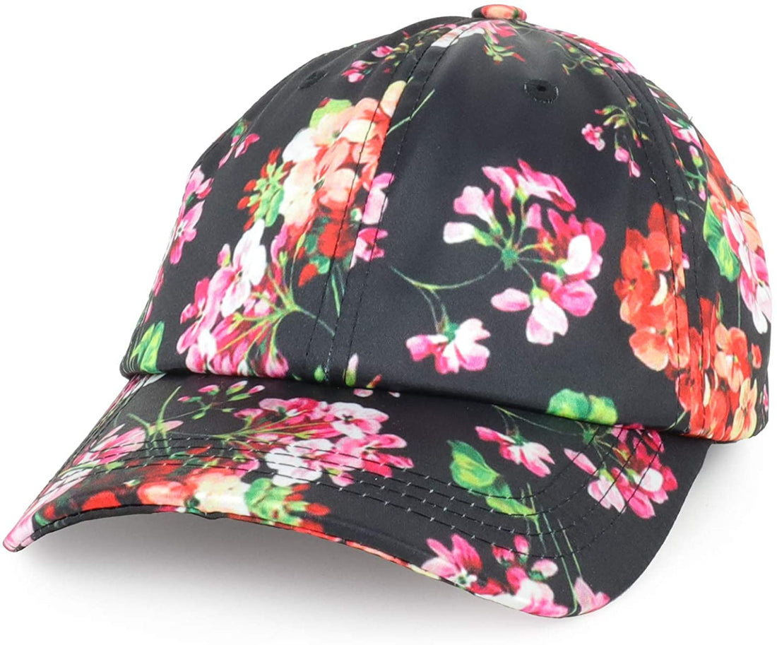 Trendy Apparel Shop Women's Floral Print Satin Unstructured Low Profile Baseball Cap- Multipack - Black Red