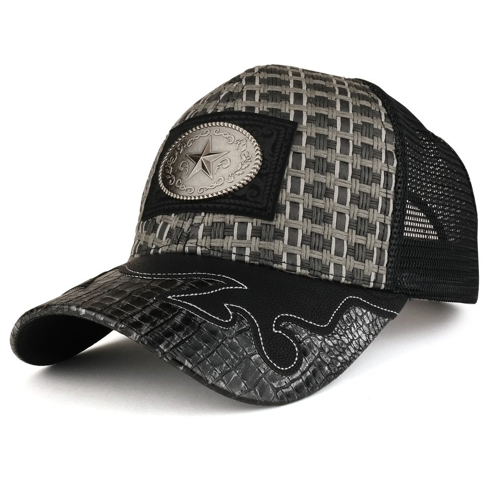 Trendy Apparel Shop Straw Design Metallic Texas Lone Star Logo Trucker Mesh Baseball Cap