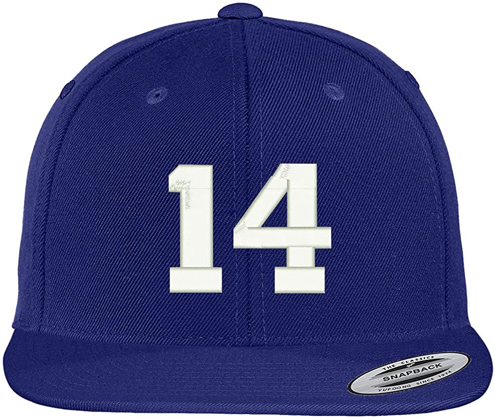 Trendy Apparel Shop Number 14 Collegiate Varsity Font Embroidered Flat Bill Snapback Cap