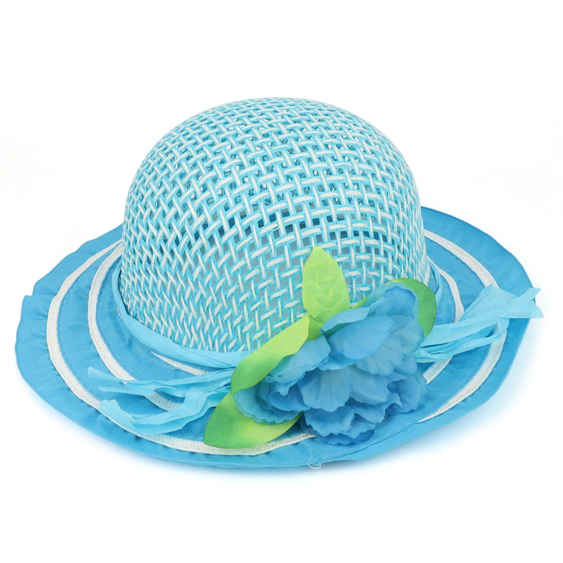 Trendy Apparel Shop Girl's Silk Flower Tea Party Straw Sun Hat - Blue