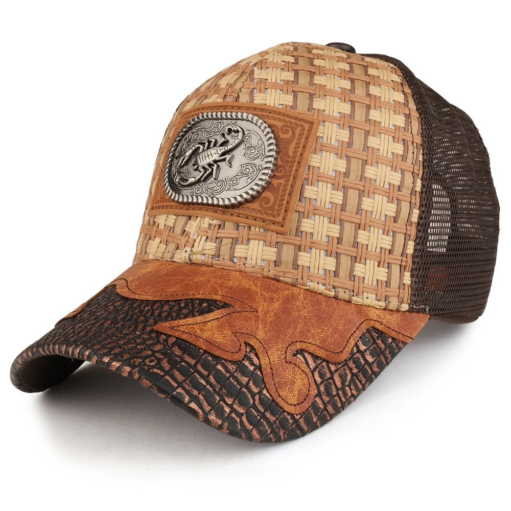Trendy Apparel Shop Straw Design Metallic Scorpion Logo Trucker Mesh Adjustable Baseball Cap