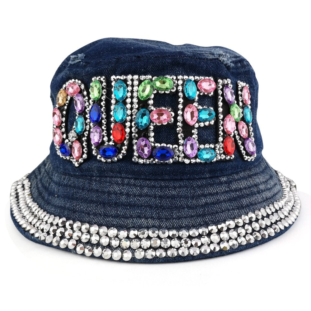 Trendy Apparel Shop Fashionable Rhinestone Jeweled Bling Bling Design Logo Bucket Hat