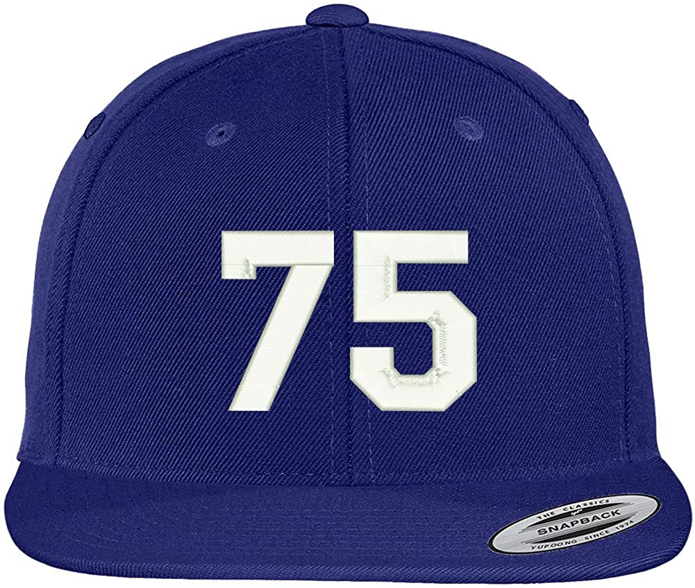 Trendy Apparel Shop Number 75 Collegiate Varsity Font Embroidered Flat Bill Snapback Cap