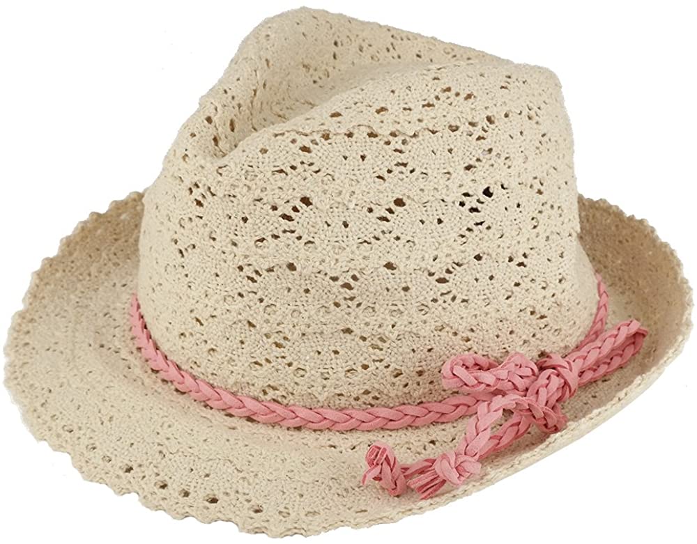 Trendy Apparel Shop Girl's Crocheted Crushable Fedora Hat With Pink Braided Hat Band