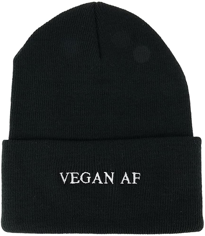 Trendy Apparel Shop Vegan AF Embroidered Super Stretch Winter Cuff Long Beanie - Grey