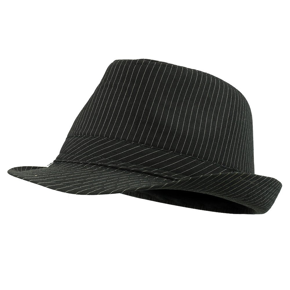Trendy Apparel Shop Thin Pinstriped Fedora Hat With V Embroidered Hat Band - Black - LXL