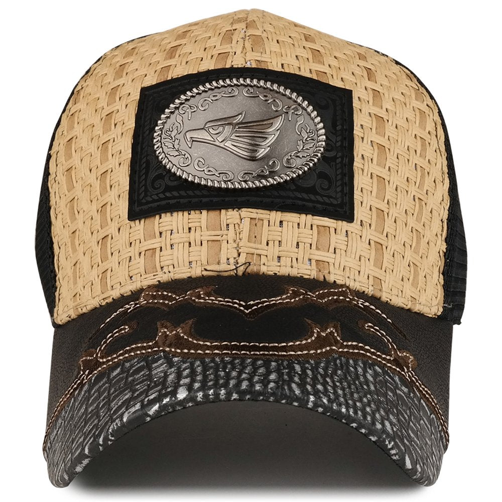 Trendy Apparel Shop Straw Design Metallic Hecho EN Mexico Eagle Metal Logo Mesh Baseball Cap