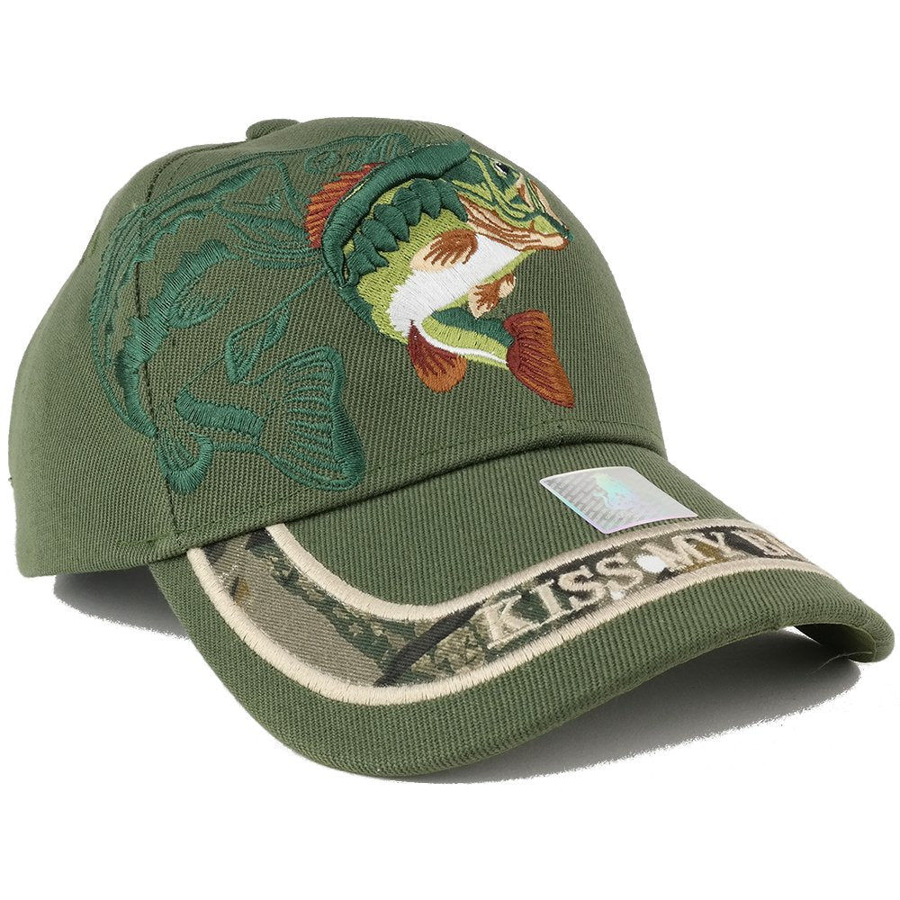 Trendy Apparel Shop Kiss My Bass Fish Embroidered Adjustable Baseball Cap Olive