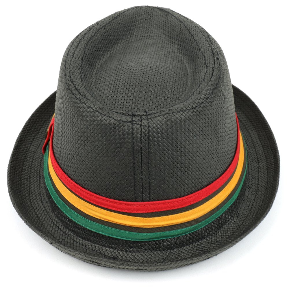 Trendy Apparel Shop Paper Straw Woven Fedora Hat With Rasta Band - Black - LXL
