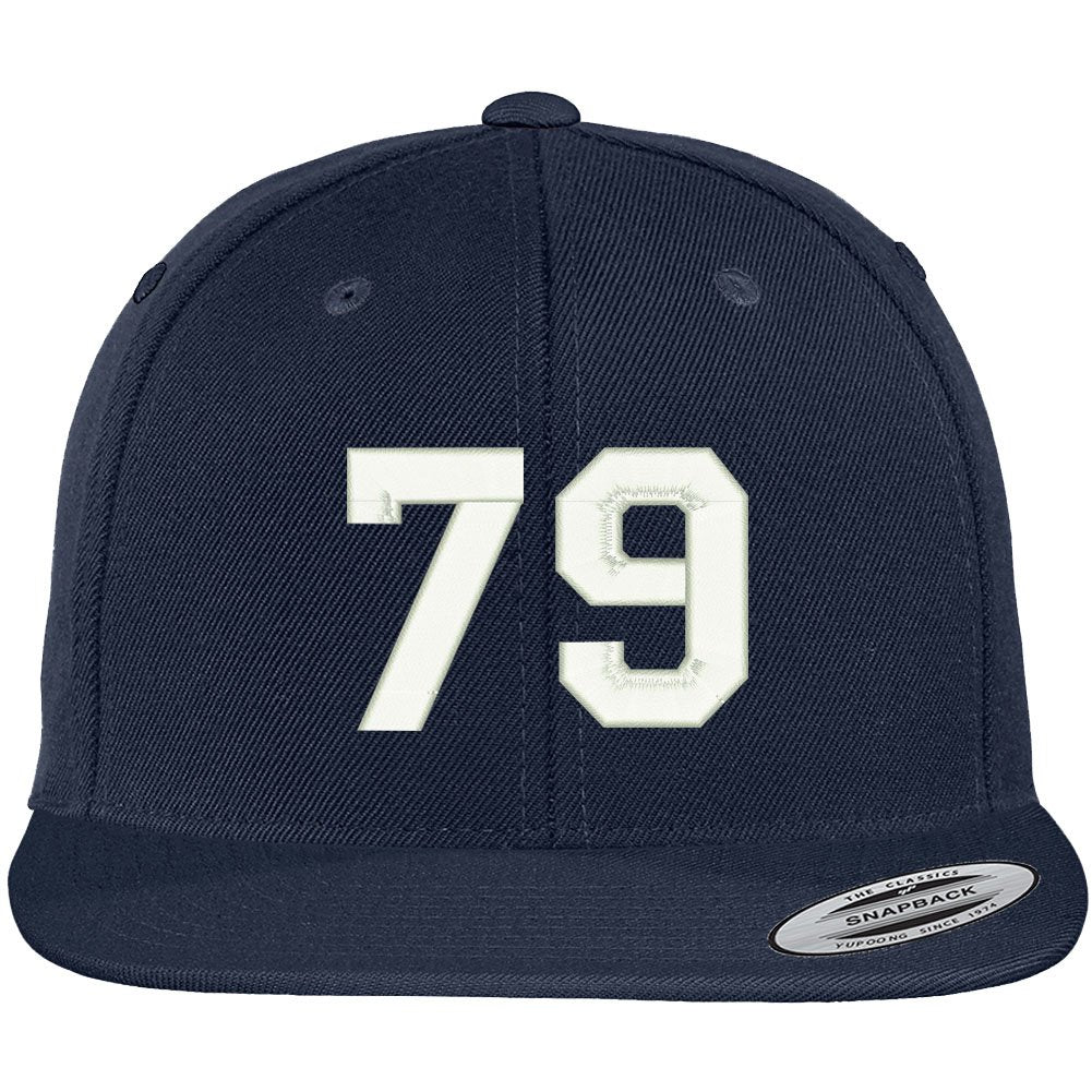Trendy Apparel Shop Number 79 Collegiate Varsity Font Embroidered Flat Bill Snapback Cap