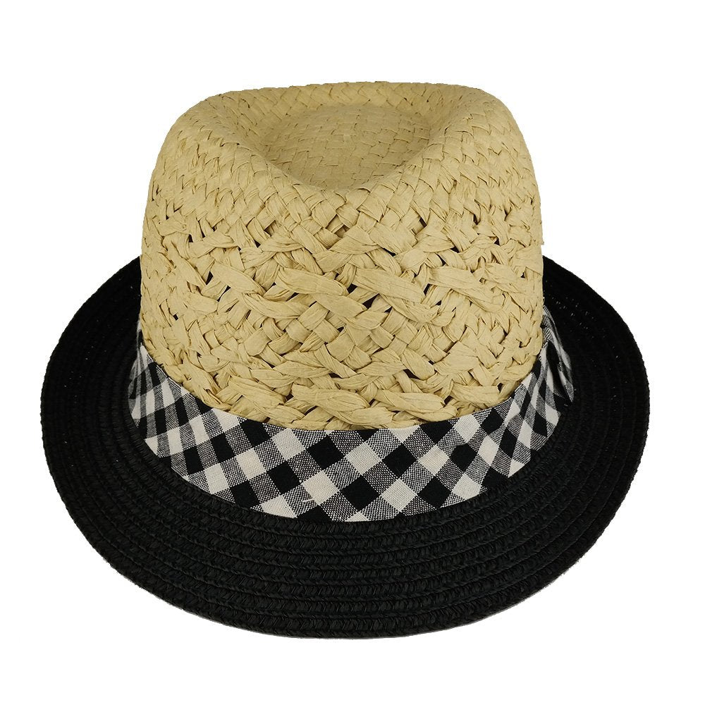 Trendy Apparel Shop Kid's Two Tone Lightweight Summer Fedora Hat With Checkered Hat Band - Natural Black - LXL