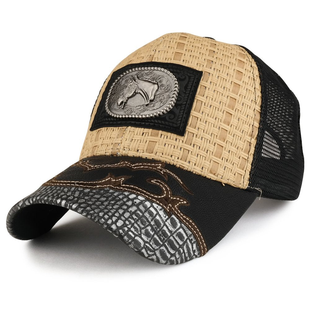 Trendy Apparel Shop Straw Design Metallic Horse Logo Badge Trucker Mesh Adjustable Baseball Cap