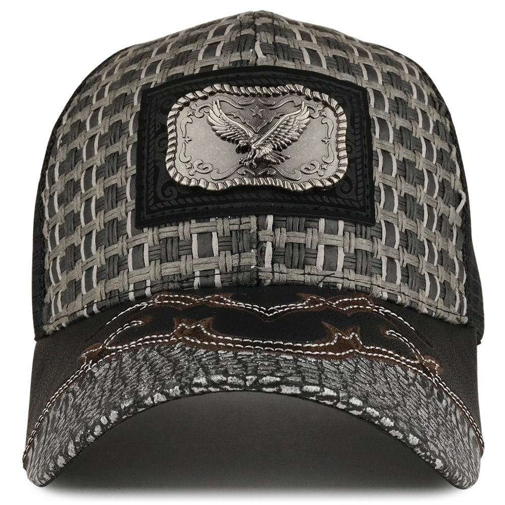Trendy Apparel Shop Straw Design Metallic Eagle Logo Trucker Mesh Adjustable Baseball Cap