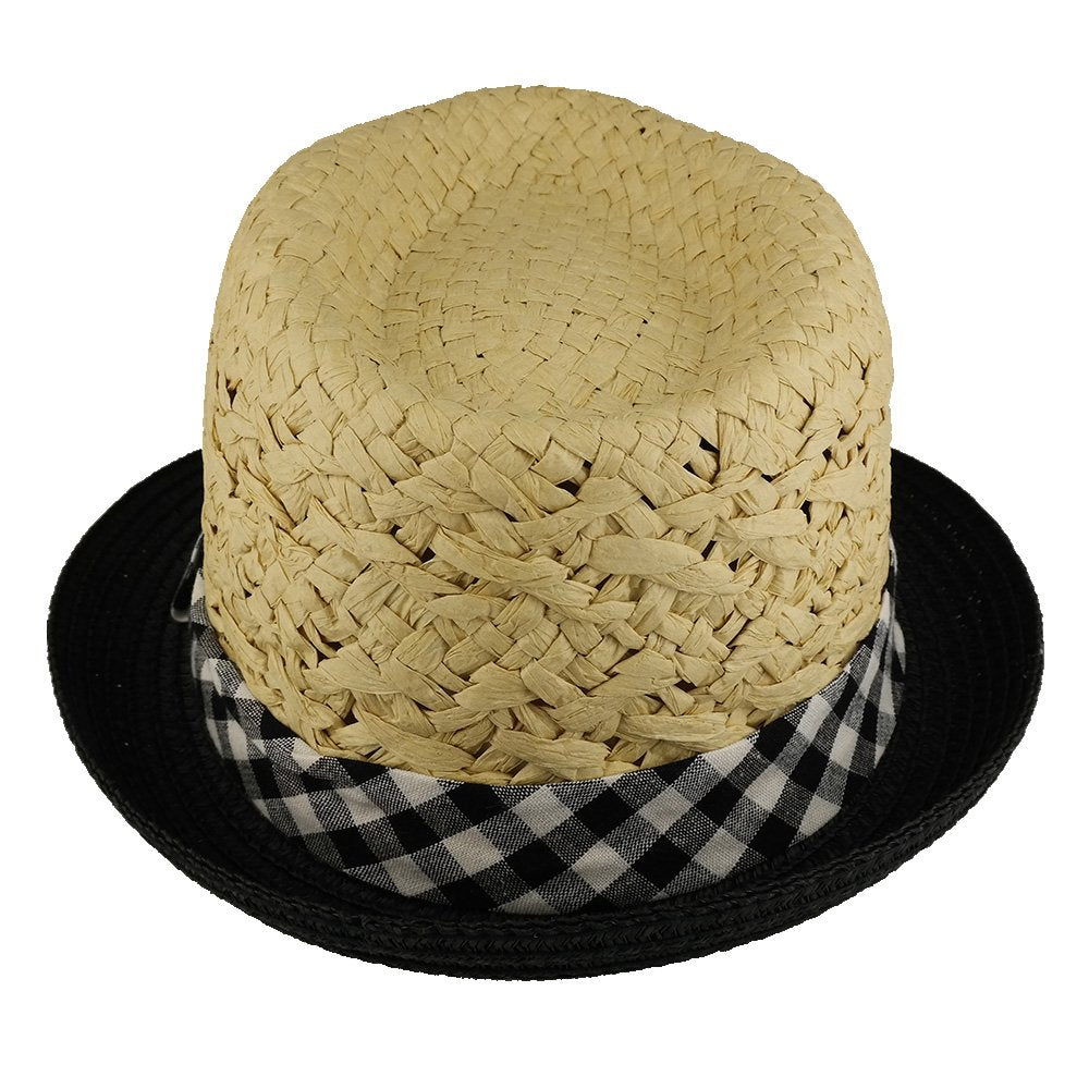 Trendy Apparel Shop Kid's Two Tone Lightweight Summer Fedora Hat With Checkered Hat Band - Natural Black - LXL