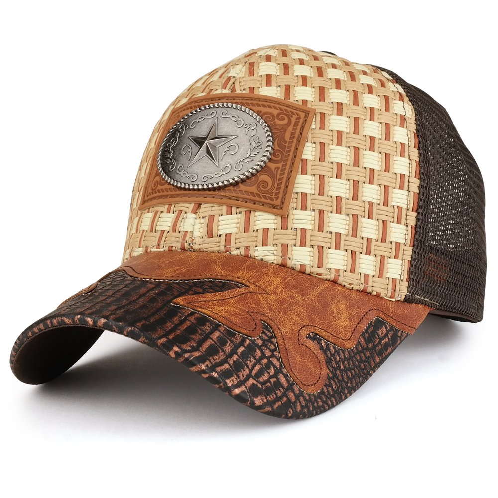 Trendy Apparel Shop Straw Design Metallic Texas Lone Star Logo Trucker Mesh Baseball Cap