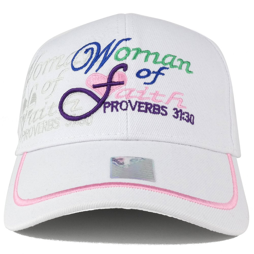Trendy Apparel Shop Woman of Faith Embroidered Christian Theme Baseball Cap - White