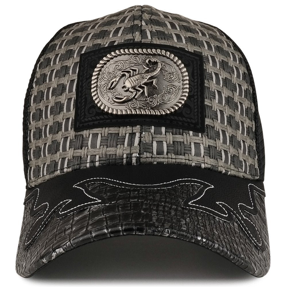 Trendy Apparel Shop Straw Design Metallic Scorpion Logo Trucker Mesh Adjustable Baseball Cap