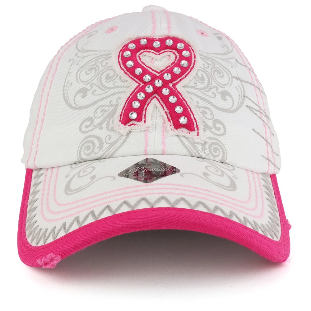 Trendy Apparel Shop Breast Cancer 3D Pink Ribbon Embroidered Cotton Baseball Cap with Frayed Bill
