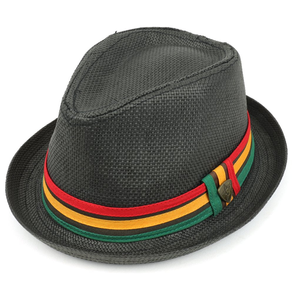 Trendy Apparel Shop Paper Straw Woven Fedora Hat With Rasta Band - Black - LXL