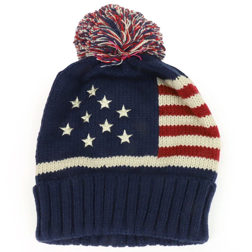 Trendy Apparel Shop USA Flag Star Embroidered Winter Knit Pom Pom Beanie