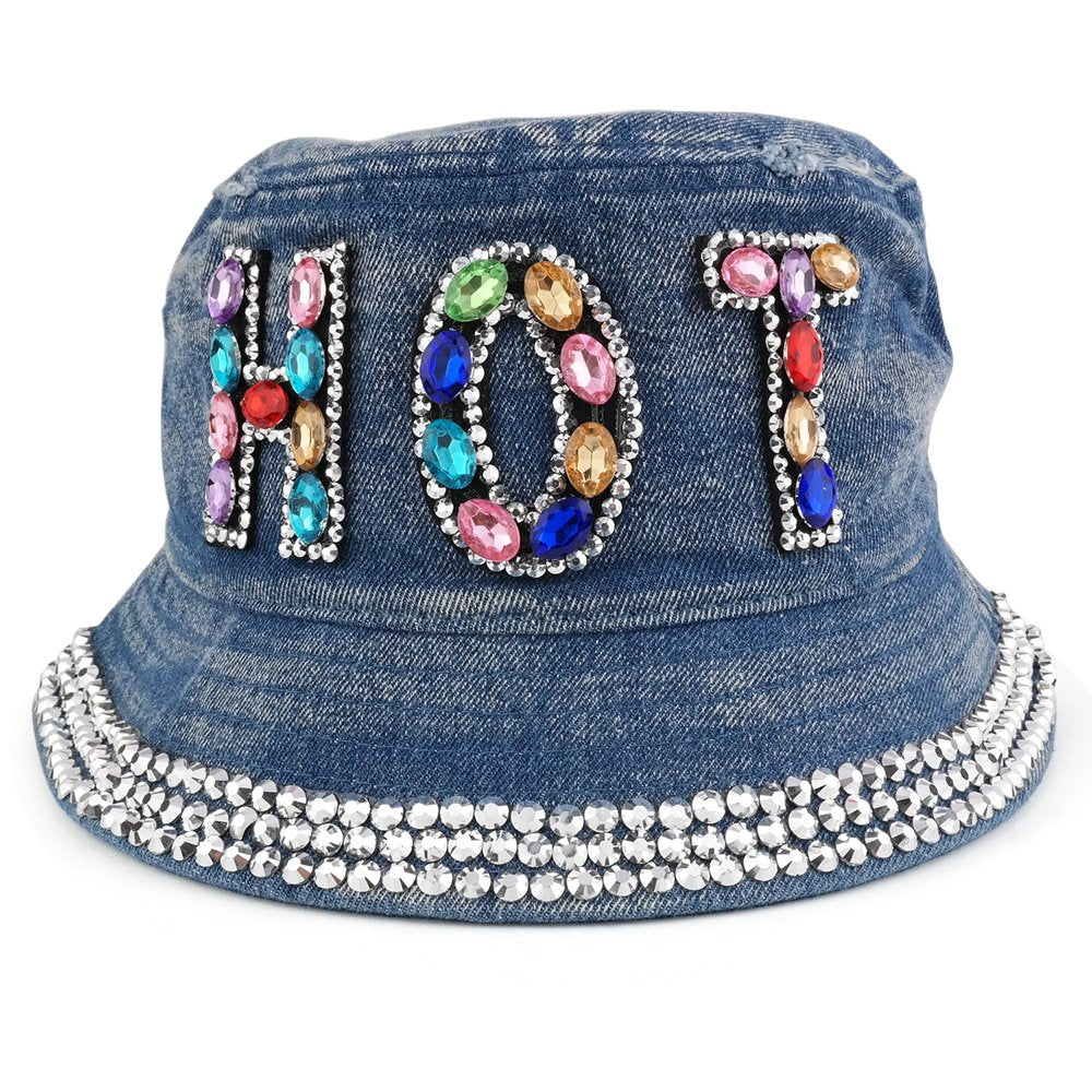 Trendy Apparel Shop Fashionable Rhinestone Jeweled Bling Bling Design Logo Bucket Hat