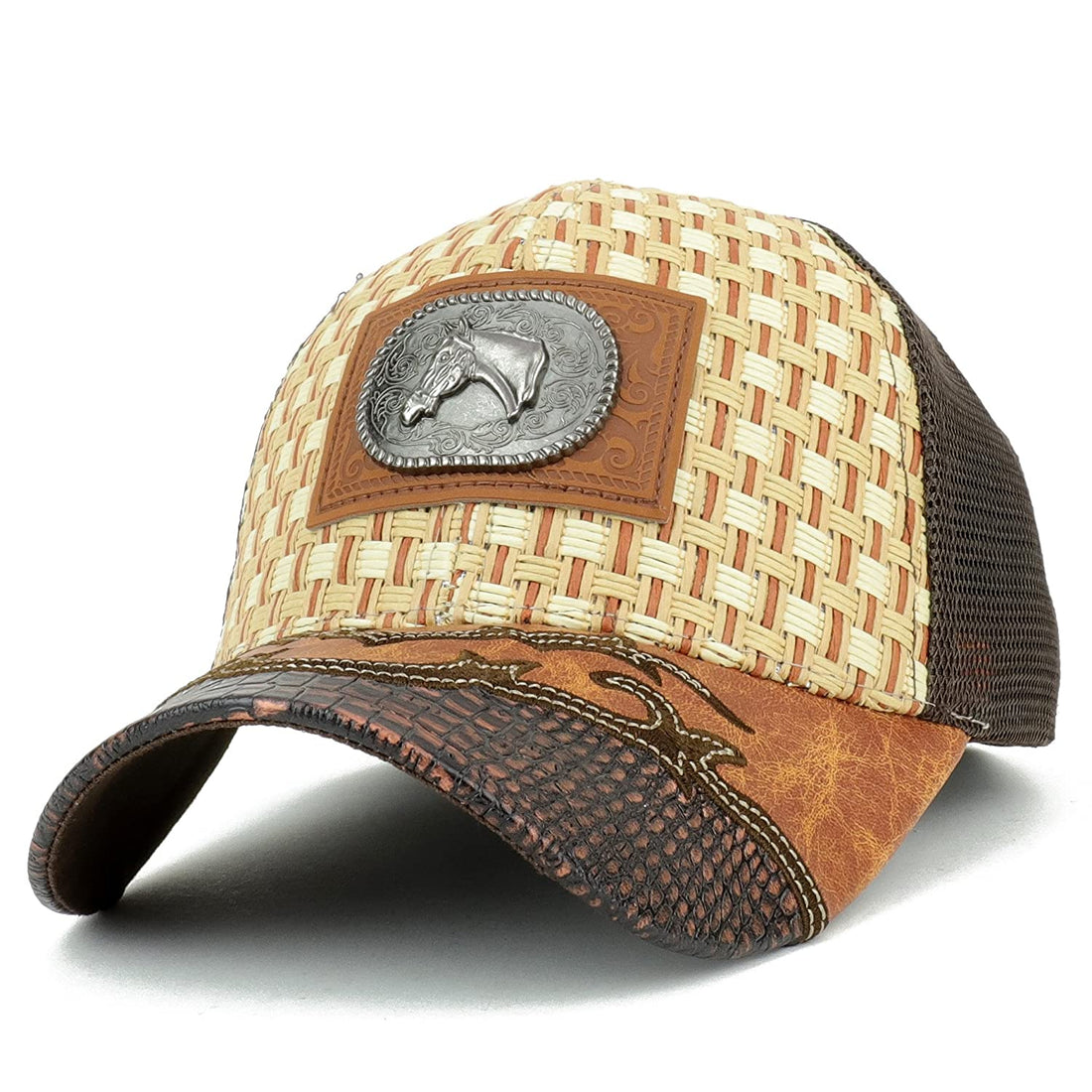 Trendy Apparel Shop Straw Design Metallic Horse Logo Badge Trucker Mesh Adjustable Baseball Cap